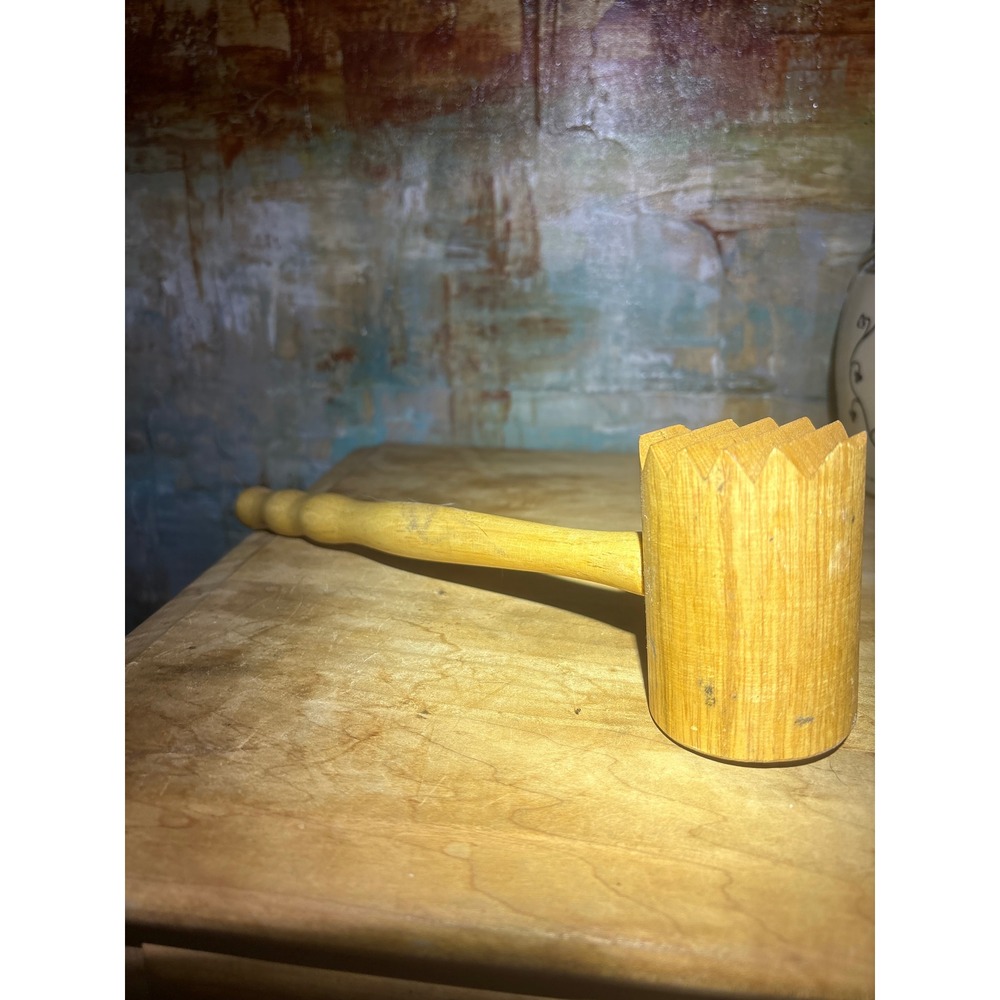 Vintage Wooden Meat Tenderizer Mallet Dual Sided Spiked Kitchen Tool Natural